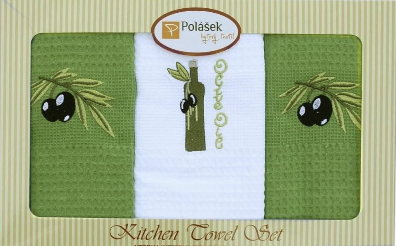 VÝPRODEJ Vyšívané vaflové utěrky - dárková sada 3 ks olive