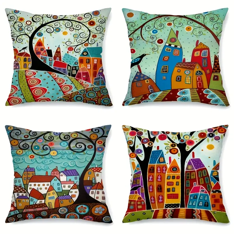 Dekorativní polštářové potahy 45×45 cm – sada 4 ks Domky  